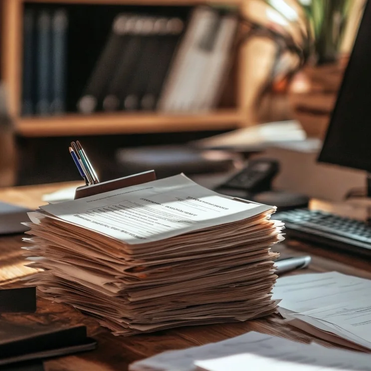 Pilha de processos e documentação técnica sobre a mesa